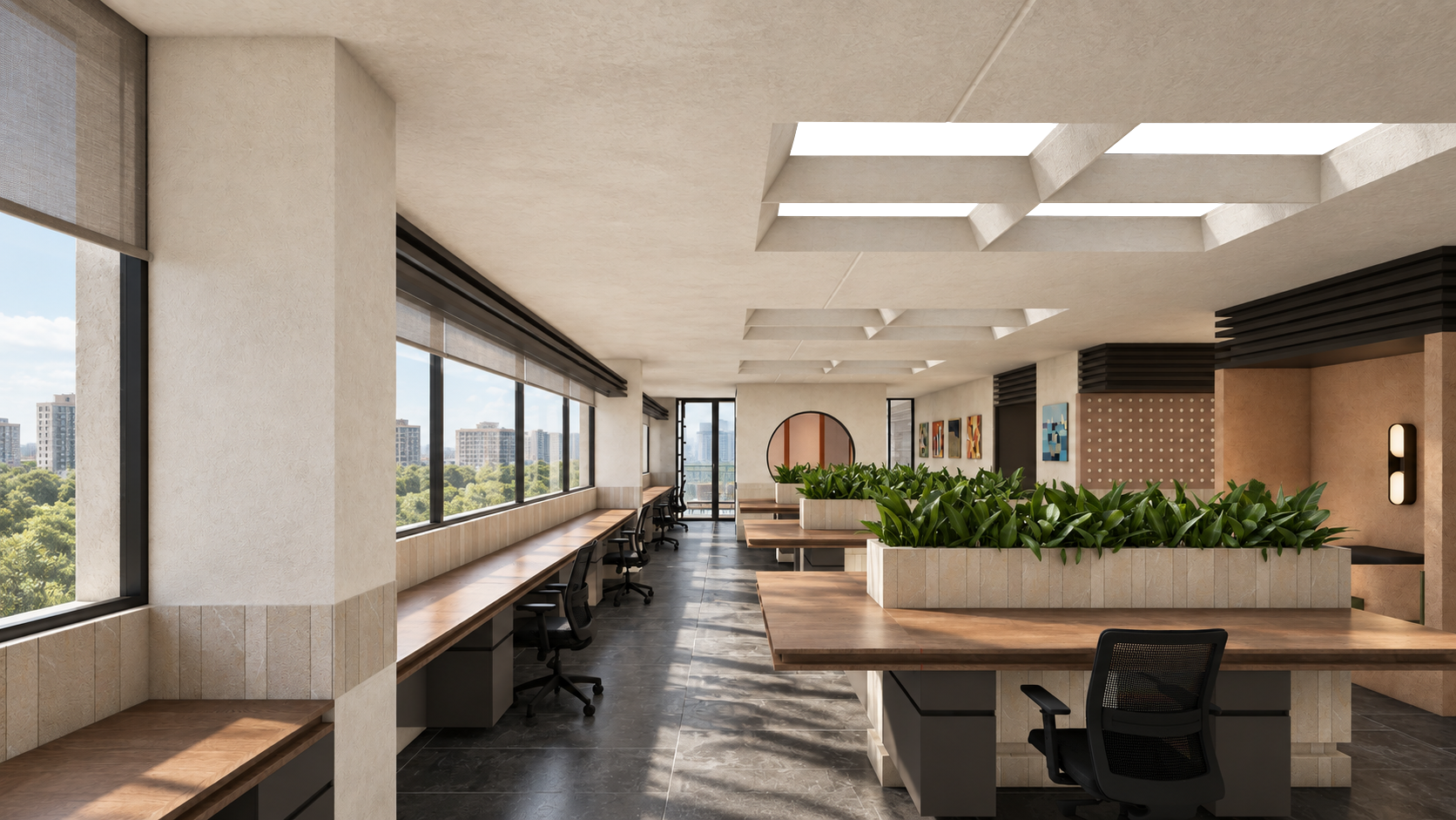 AWC in Noida: shared worktables facing glazing beneath stretch ceiling lights