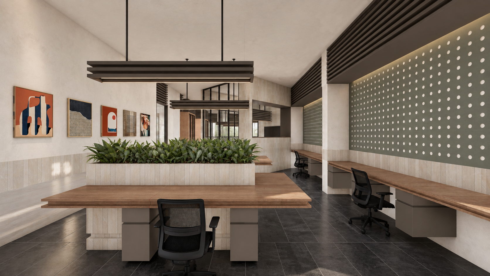 AWC in Noida: shared workstations beneath linear lights and beside a perforated screen