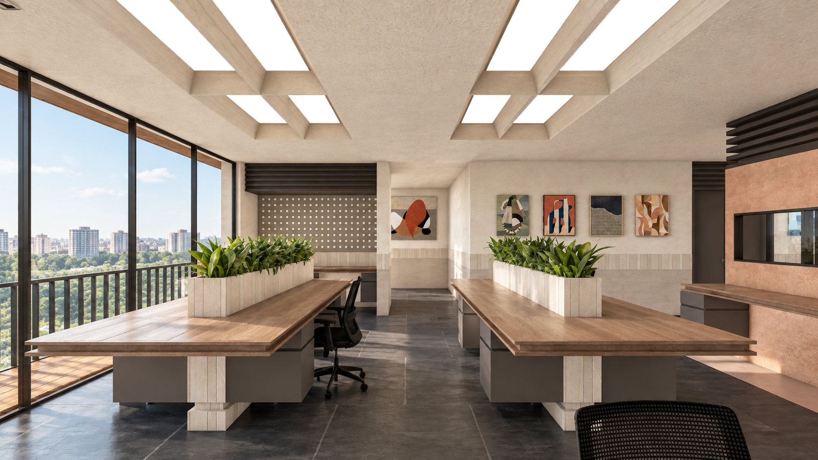 AWC in Noida: paired worktables beside glazing and planter screens