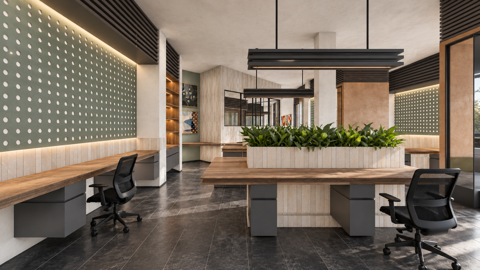 AWC in Noida: workstations and task chairs along a perforated screen