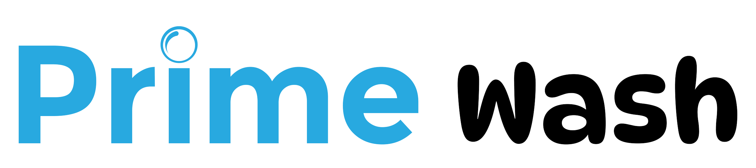 Logo with the words 'Prime wash' in blue and black font, with a small circular icon above the 'i' in 'Prime'.