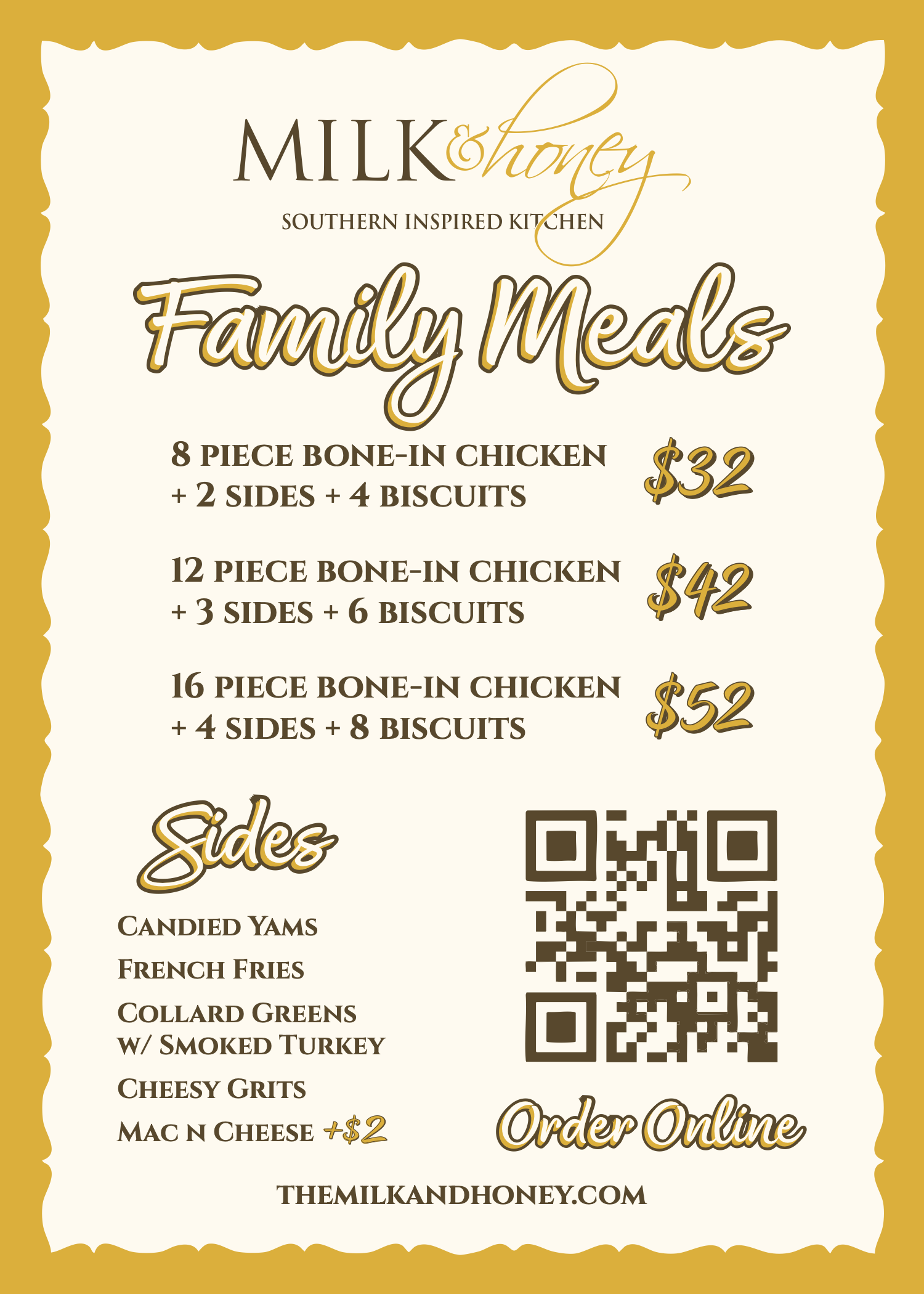 Milk & Honey Family Meals menu showing chicken meal options with sides and biscuits, prices from $32 to $52, sides list, QR code for online ordering, and website link