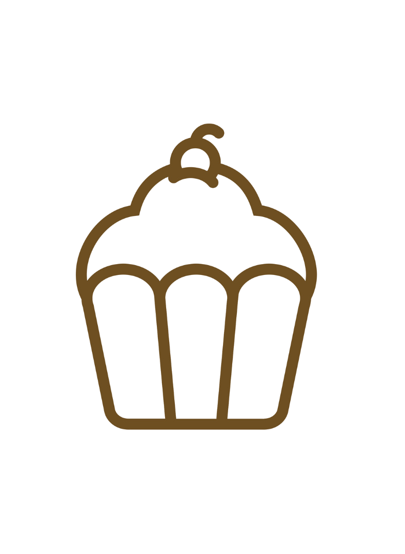 Gold outline of a cupcake with a cherry on top, set against a black background.