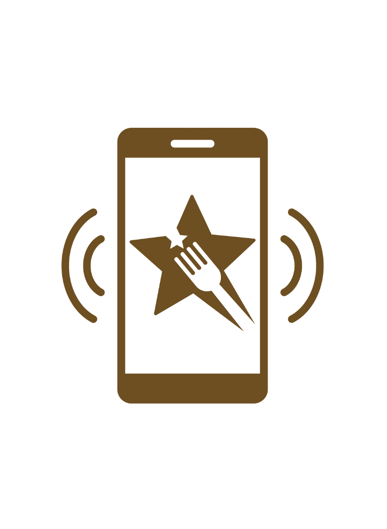 Icon of a smartphone with a star and a fork inside it, surrounded by sound waves indicating audio or vibration.
