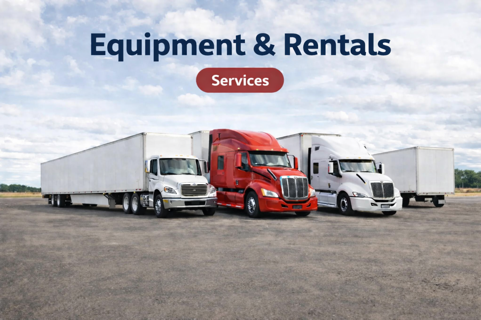 Three semi trucks parked on an open lot under cloudy sky, with text overlayed that says 'Equipment & Rentals' and a red button labeled 'Services'.