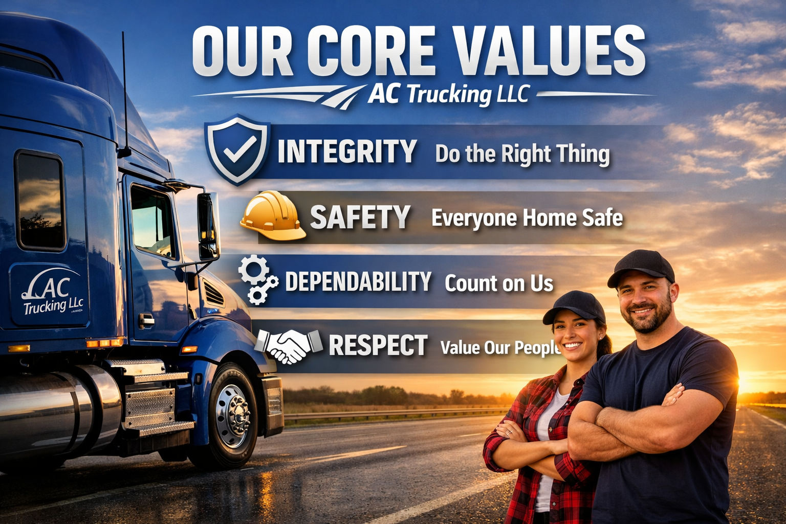 A promotional graphic for AC Trucking LLC showing their core values: integrity, safety, dependability, and respect, with a blue truck on a highway at sunset and smiling workers in the foreground.
