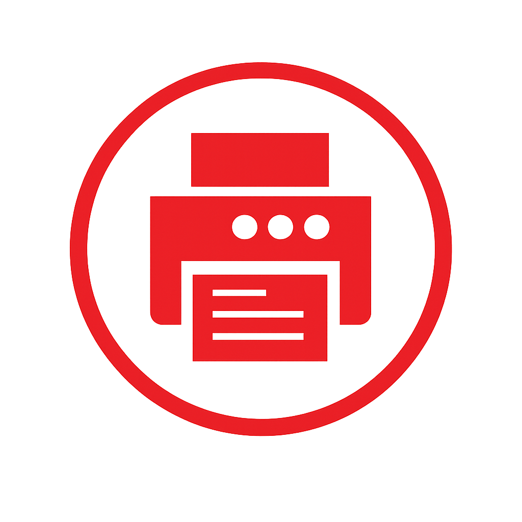 Red printer icon inside a circle.