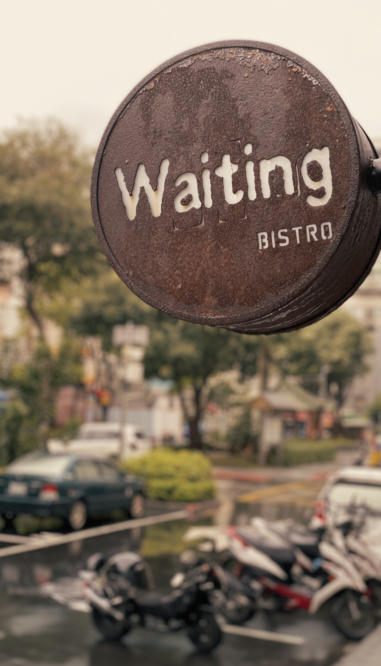 Ein rostiges Schild mit der Aufschrift ‚Waiting BISTRO‘ vor einem Parkplatz mit Autos und Motorrädern, im Hintergrund Bäume und Gebäude, bei bewölktem Himmel.
