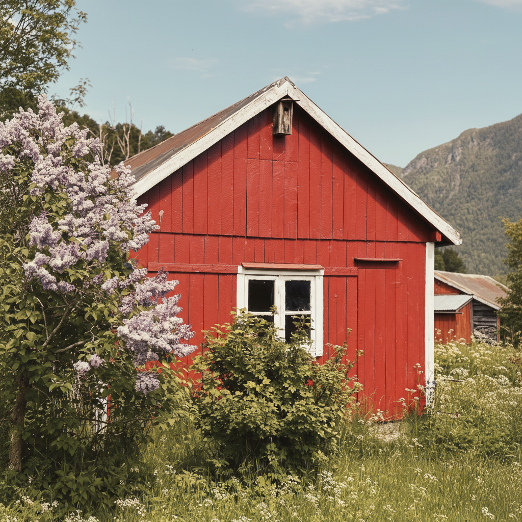 Rotes Bauernhaus mit weißem Fenster vor einem blühenden Busch und grüner Wiese, Berge im Hintergrund.