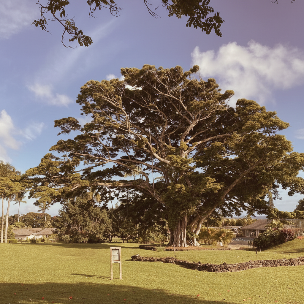 Großer Baum mit breiter Krone auf gepflegtem Rasen unter blauen Himmel mit Wolken, im Hintergrund Häuser und kleinere Bäume