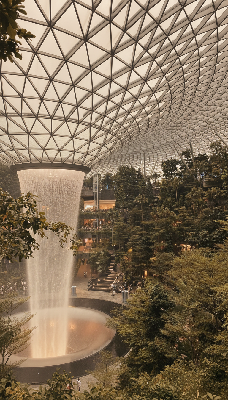 Innenraum eines großen botanischen Gartens mit einer Wasserfallattraktion, einer großen Wasserfallanzeige und einer ausgeklügelten, schuppenartigen Glasdachkonstruktion.