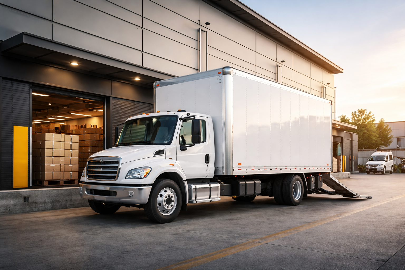 A white box truck parked outside a warehouse with open doors, revealing stacks of boxes inside. The truck has a ramp extended, likely for loading or unloading.
