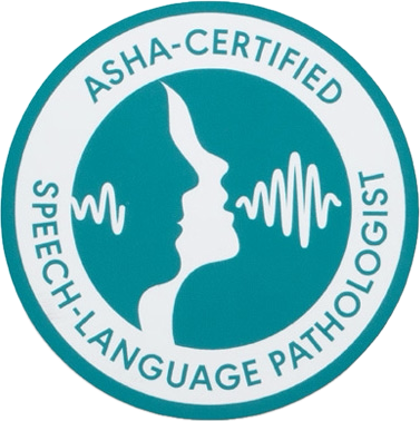 ASHA Certified Speech-Language Pathologist badge featuring a silhouette of a face and sound waves.