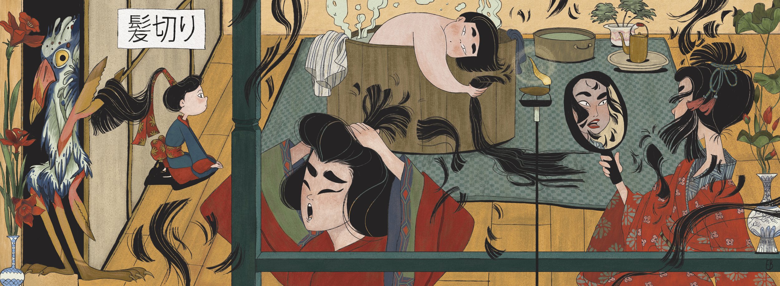 Japanese Folktale Women Art Print – Ukiyo-e Inspired Geisha Illustration