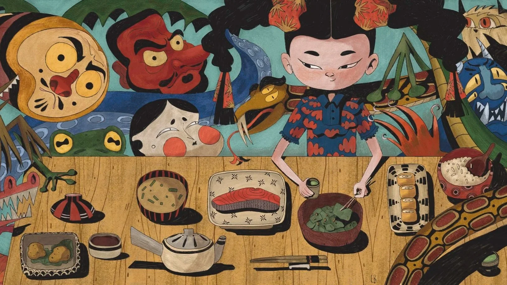 Japanese breakfast with Yōkai -  Asian Food Wall Art