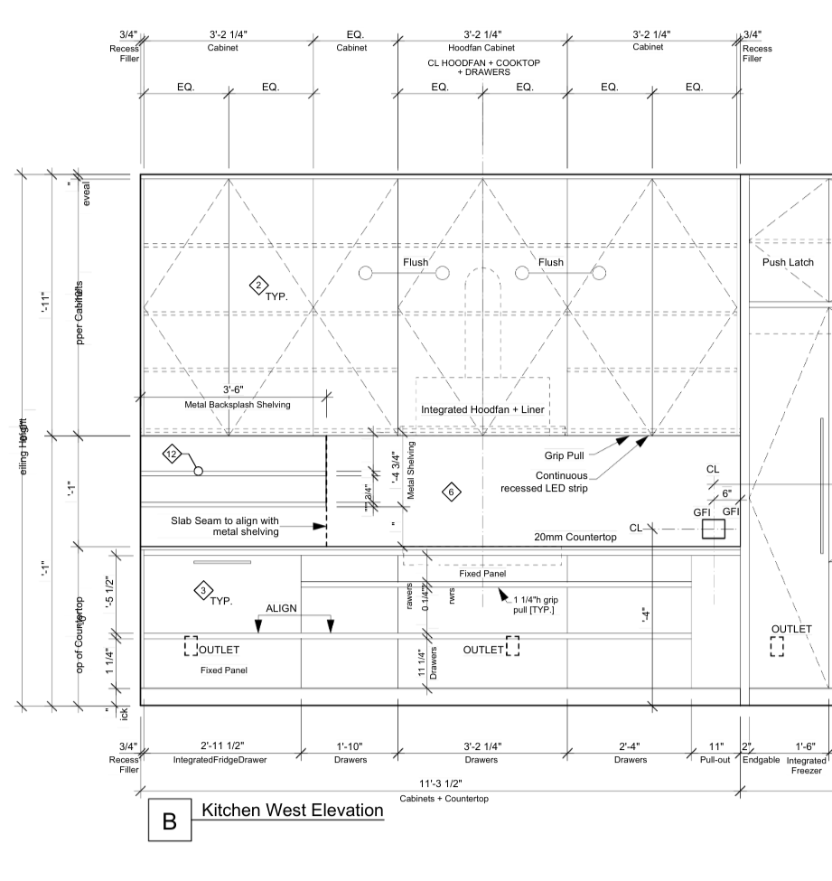 Architectural plan for the kitchen's west elevation, showing cabinetry, countertops, appliances, and fixtures with detailed measurements and placement.
