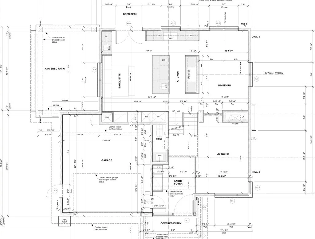 Floor plan of a house with labeled rooms including garage, entry foyer, living room, dining room, kitchen, powder room, covered patio, and open deck, showing measurements and layout details.