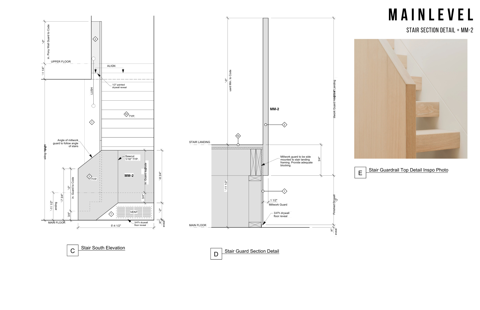 Architectural blueprint detailing a stairway's side elevation, section, and top guardrail with measurements, labels, and a photograph of the stair guardrail top detail.