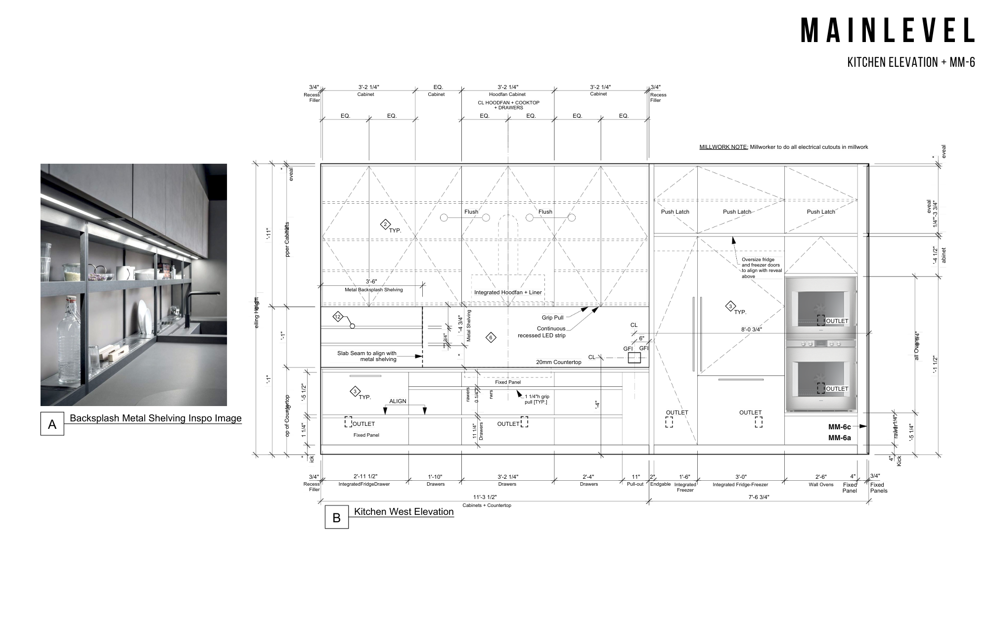 Blueprint of a kitchen design with a photo inset showing open metal shelving with kitchen items and a black faucet.