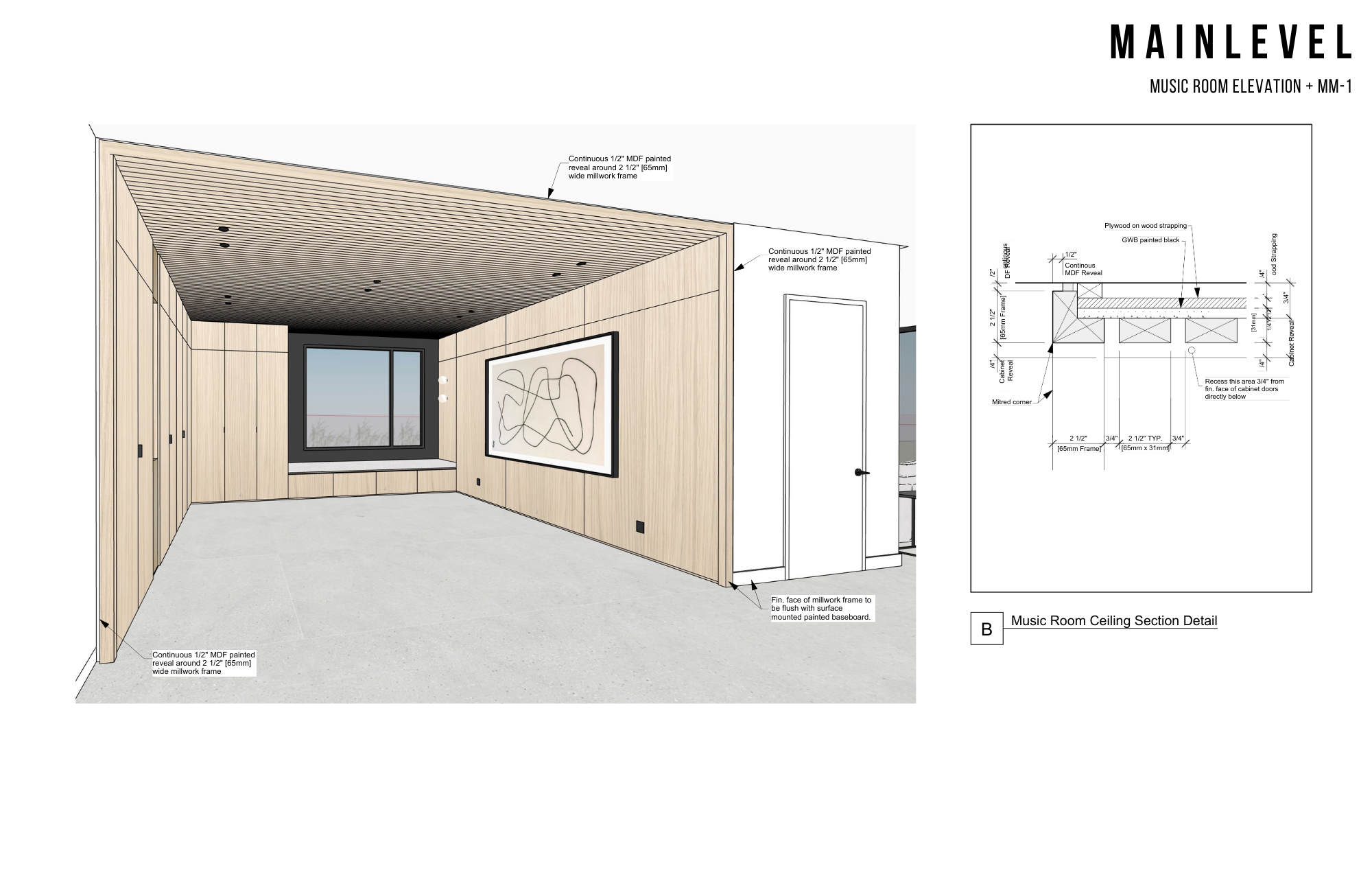 Interior view of a music room with wood-paneled walls and ceiling, a large window with a window seat, and a framed abstract artwork on the wall.