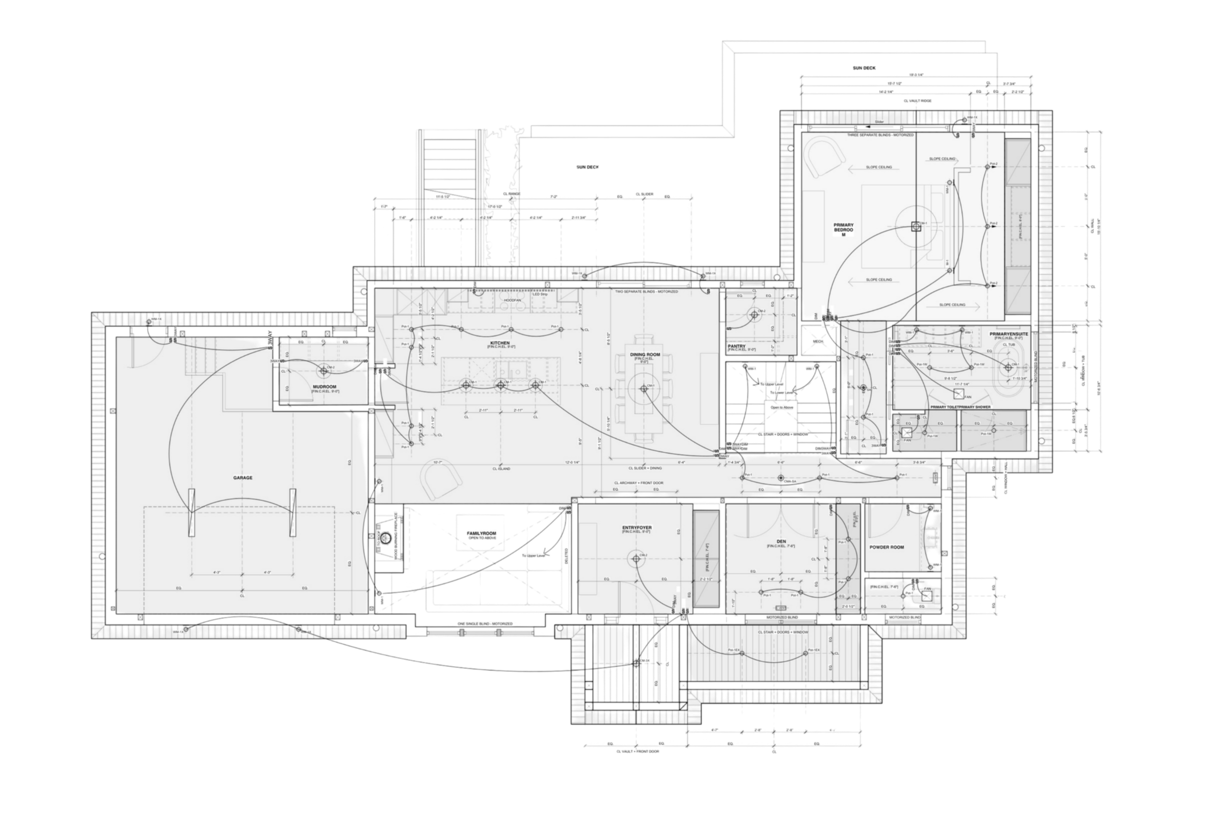 Floor plan of a house showing various rooms including a garage, kitchen, bathroom, bedrooms, and living areas, with detailed architectural elements and measurements.