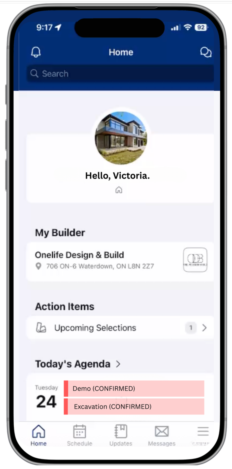 Mobile app home screen showing user Victoria's profile and project details. Includes navigation icons at the bottom, a schedule with confirmed activities for Tuesday, and a search bar at the top.