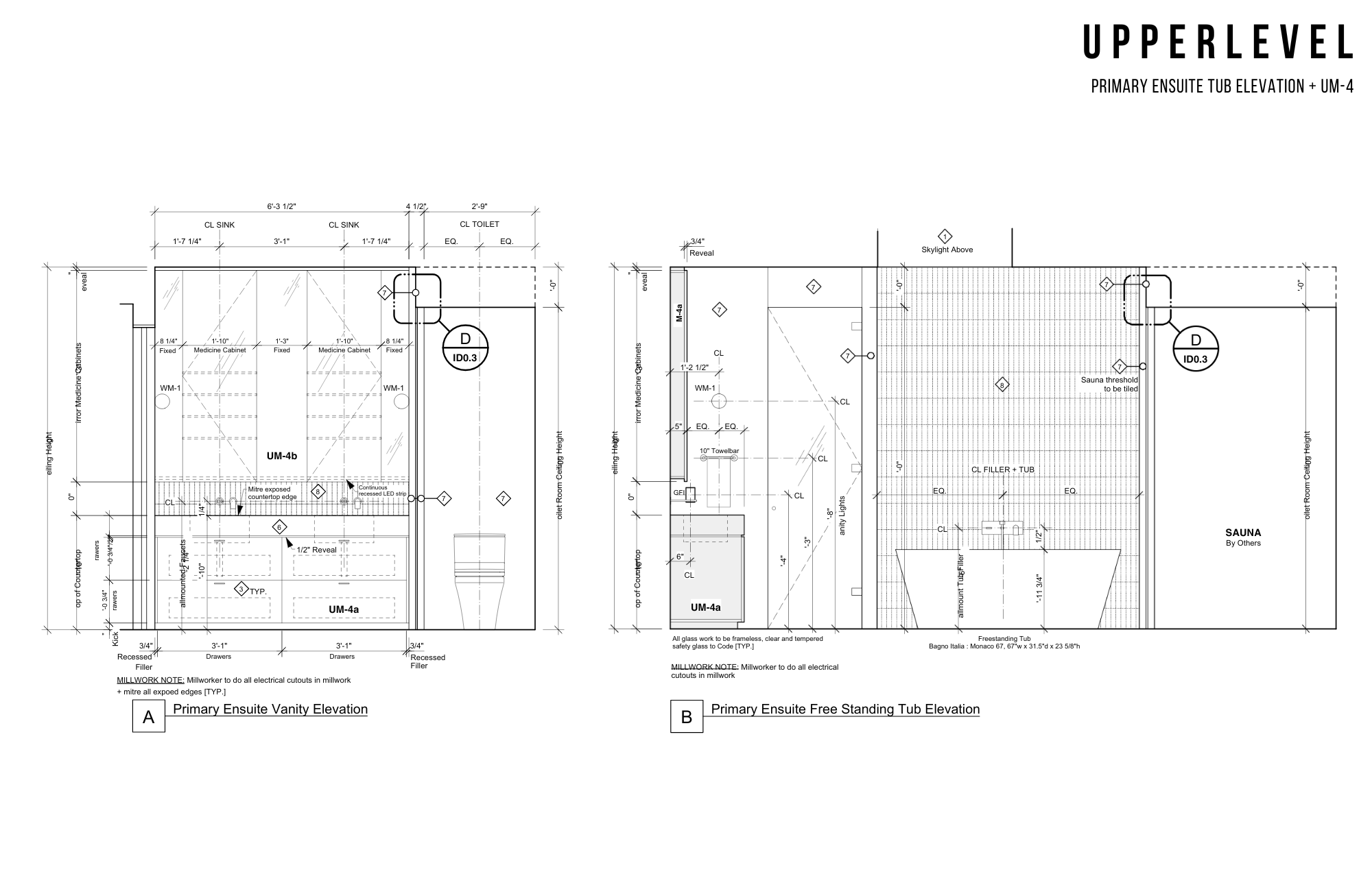 Architectural blueprint of a primary ensuite bathroom, showing vanity and free-standing tub elevation plans with detailed measurements and fixtures.