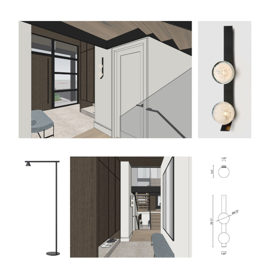 Interior design renderings of a modern home entryway featuring a wall-mounted black light fixture with two globe lights and a tall black floor lamp, showcasing a hallway with wood and white wall panels, a large window, and a staircase in the background.