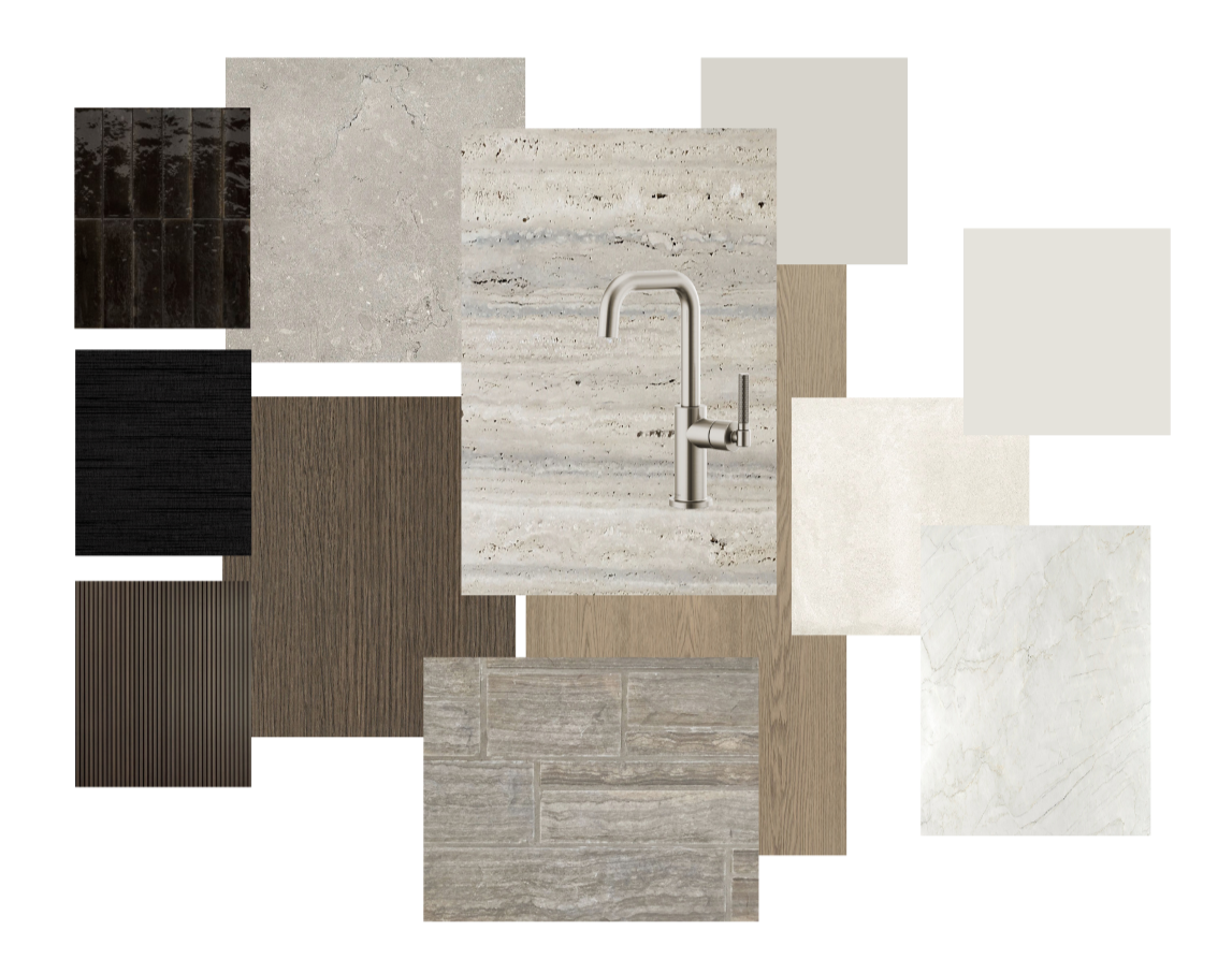 A collage of various tile samples surrounding a kitchen faucet on a marble countertop.