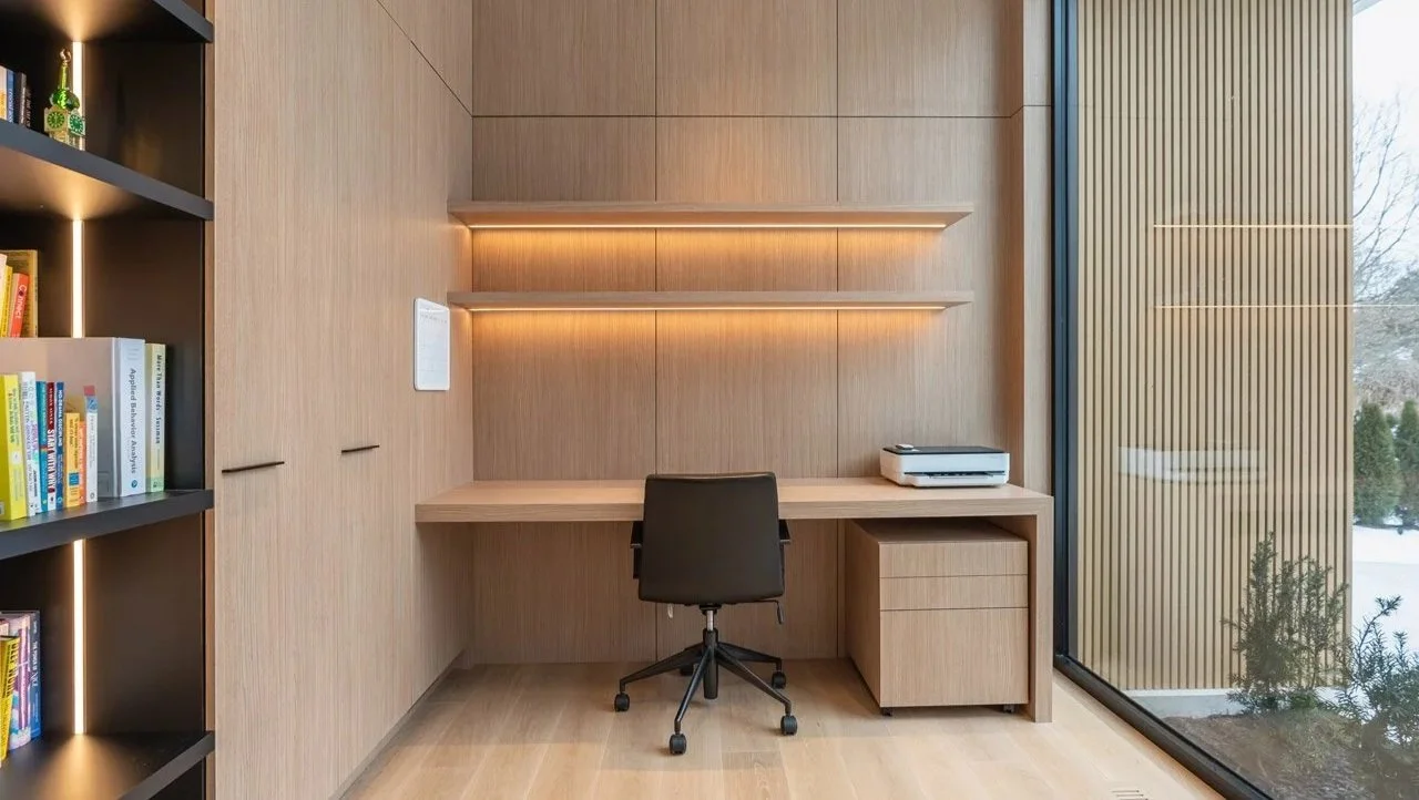 Modern home office with wooden walls, desk, black office chair, printer, and tall window with vertical blinds showing outdoor trees and snow.
