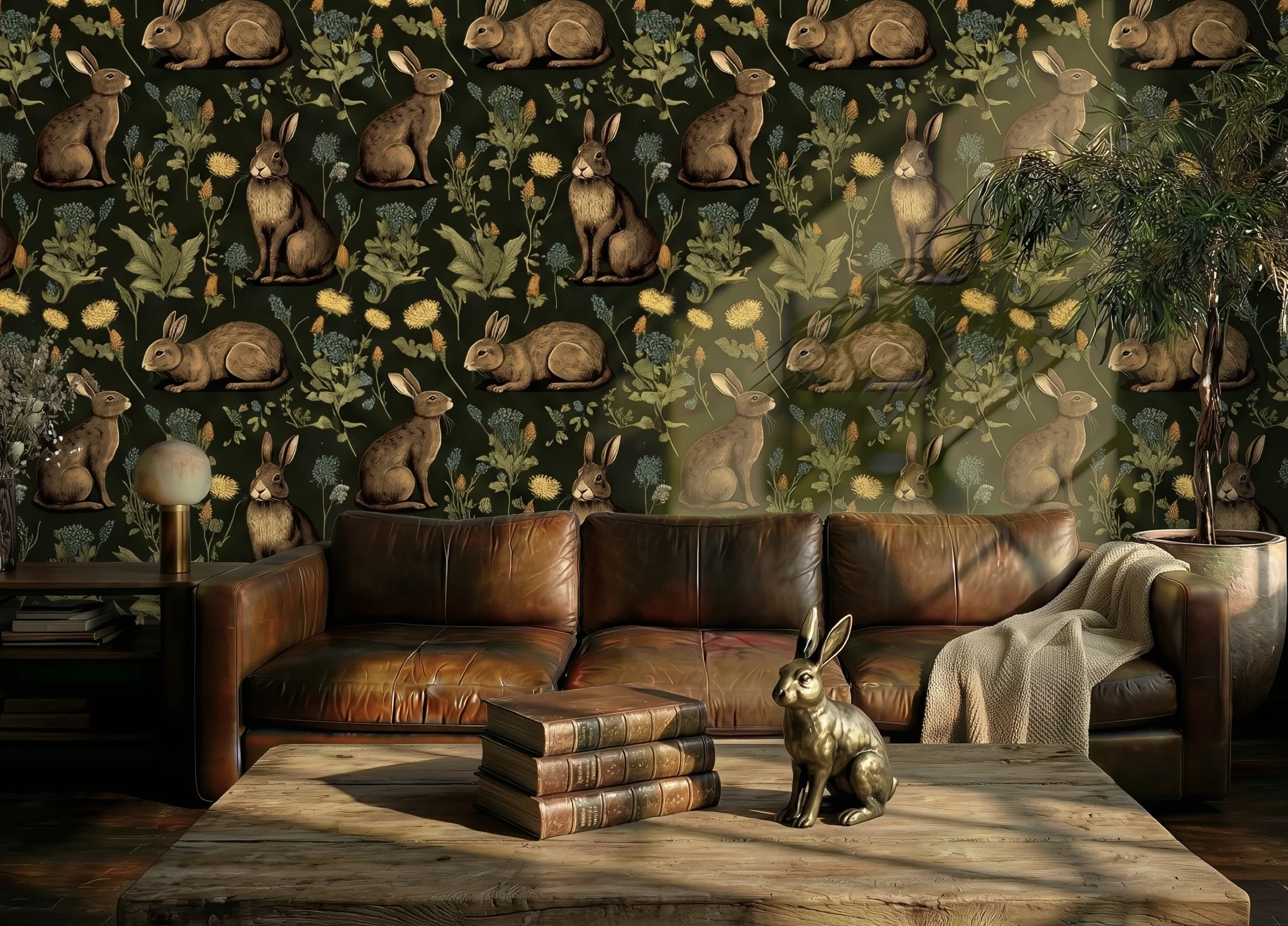 A living room with wallpaper decorated with rabbits and flowers, a leather sofa, a wooden coffee table with stacked books, a brass rabbit sculpture, a brass table lamp, a large potted plant, and a blanket on the right side of the sofa.