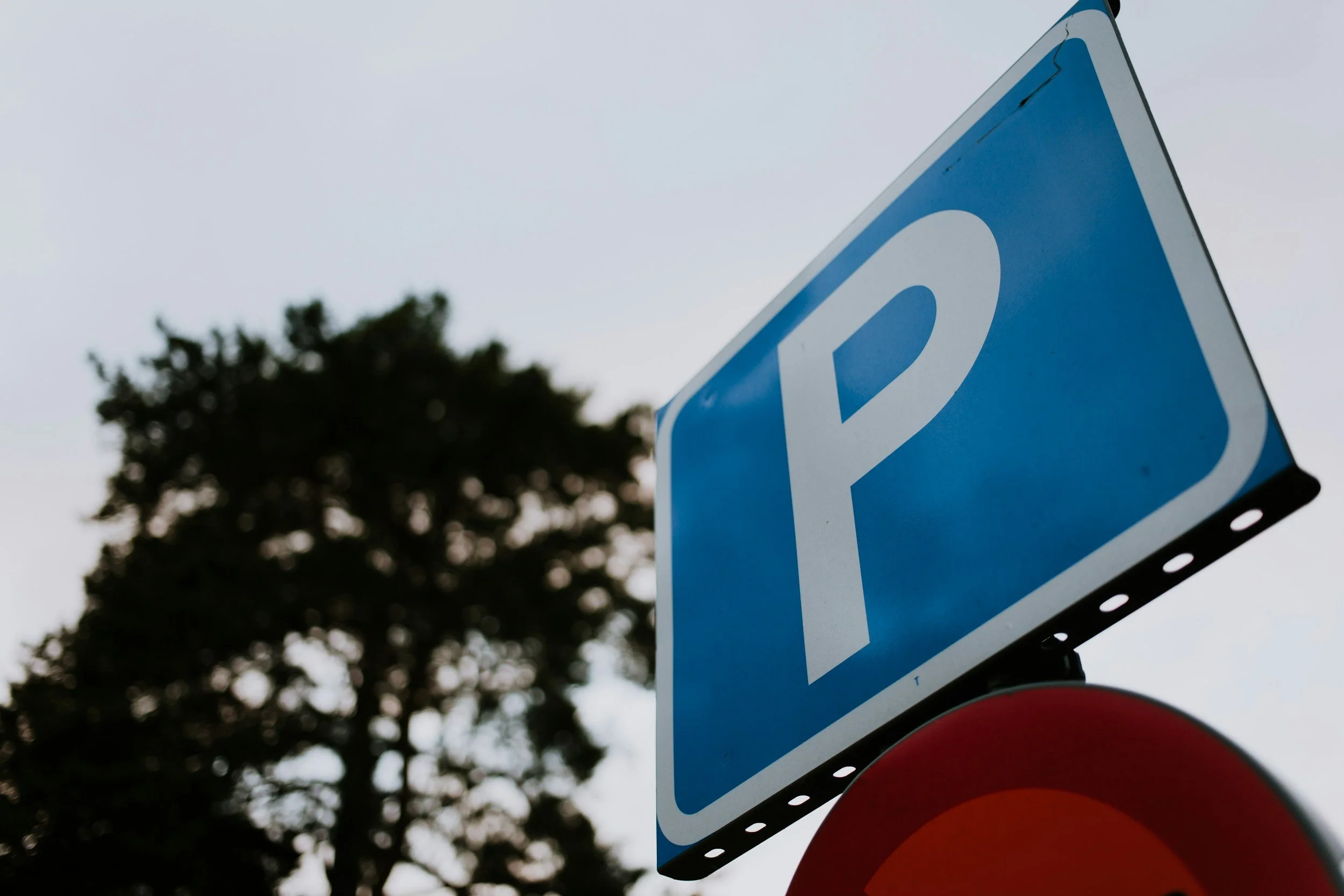Close-up of a blue and white parking sign with a 'P' symbol, mounted on a pole against a cloudy sky and blurred tree in the background.