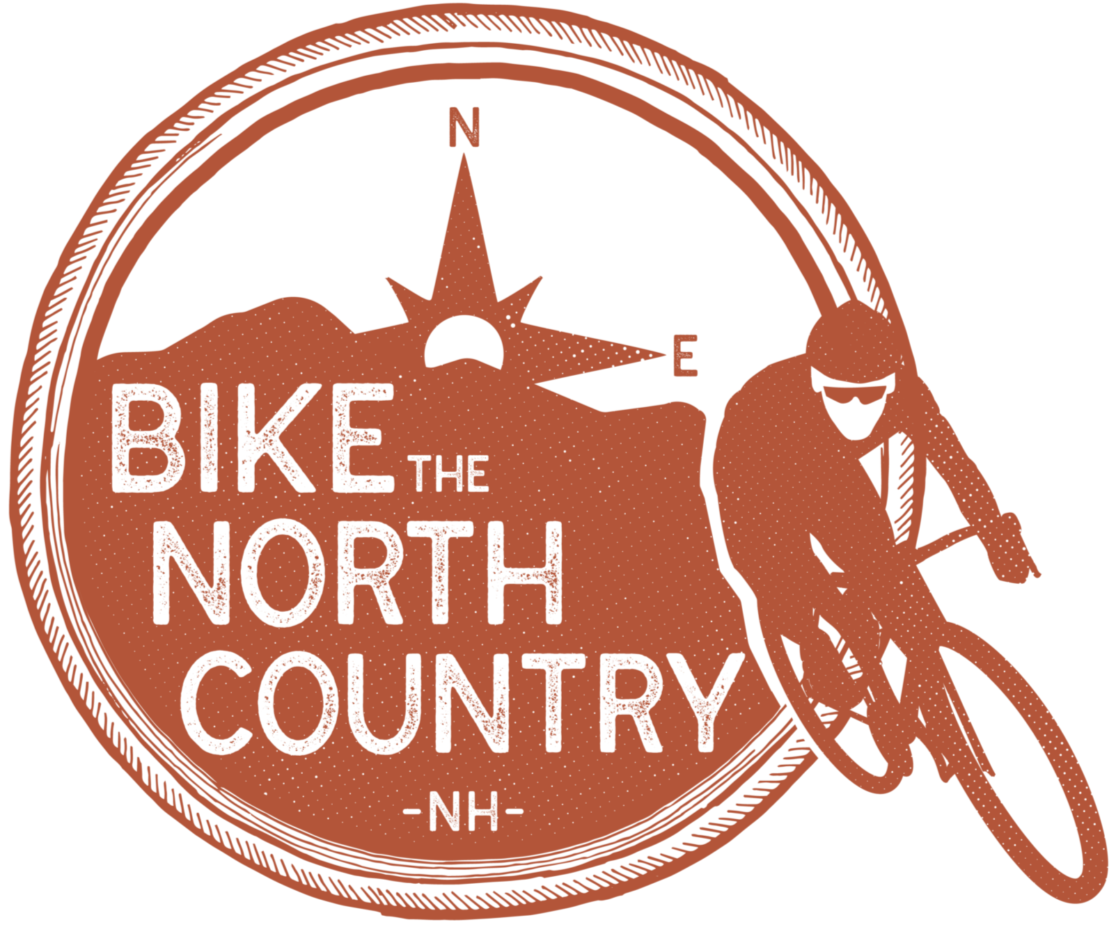 A logo featuring a mountain bike rider in an orange silhouette riding next to a circular emblem. The emblem contains a mountain landscape, a compass with cardinal directions, and the text "Bike the North Country - NH" in distressed black font.