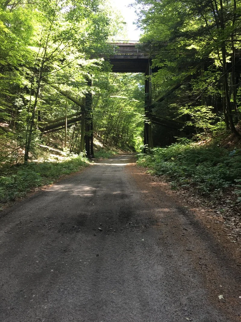 Riding the Ammonosuc Rail Trail in Woodsville. This is the old bridge over the trail. It was torn down in September of 2018.