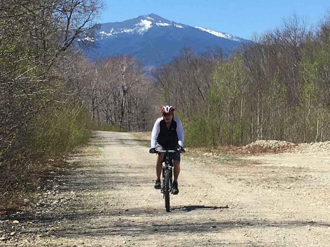 Person riding a mountain bike on a dirt trail with trees and a mountain with snow in the background.