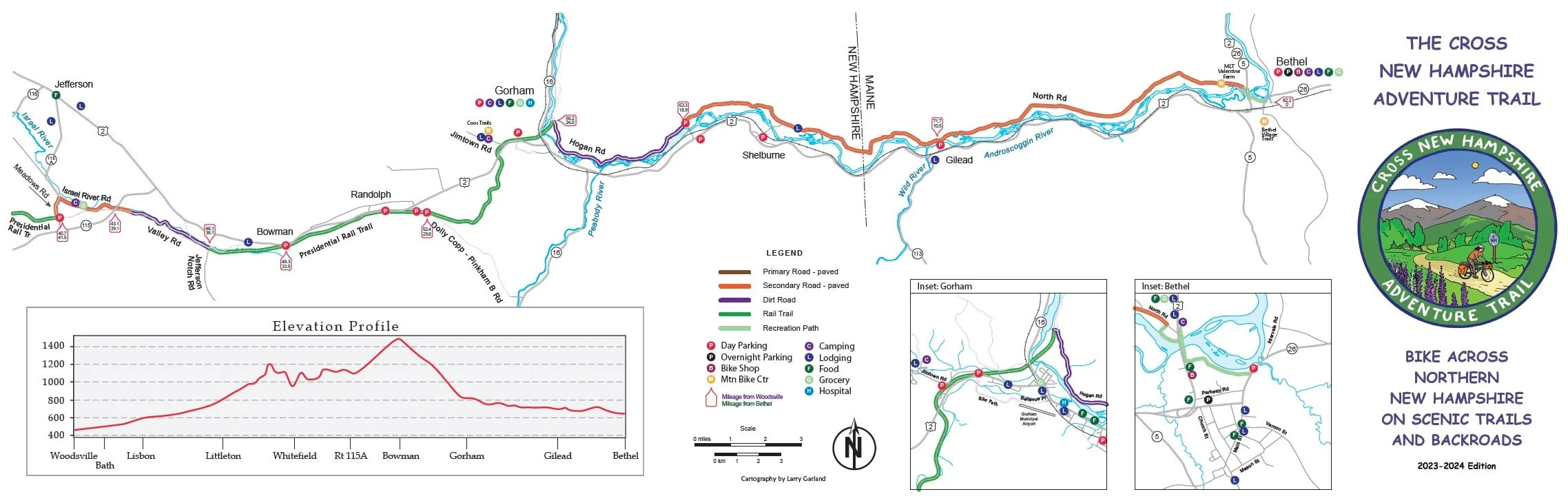 Map of the Cross New Hampshire Adventure Trail showing scenic biking and hiking trails with legends, inset maps of Gorham and Bethel, elevation profile, and the trail logo featuring mountains, trees, and a cyclist.