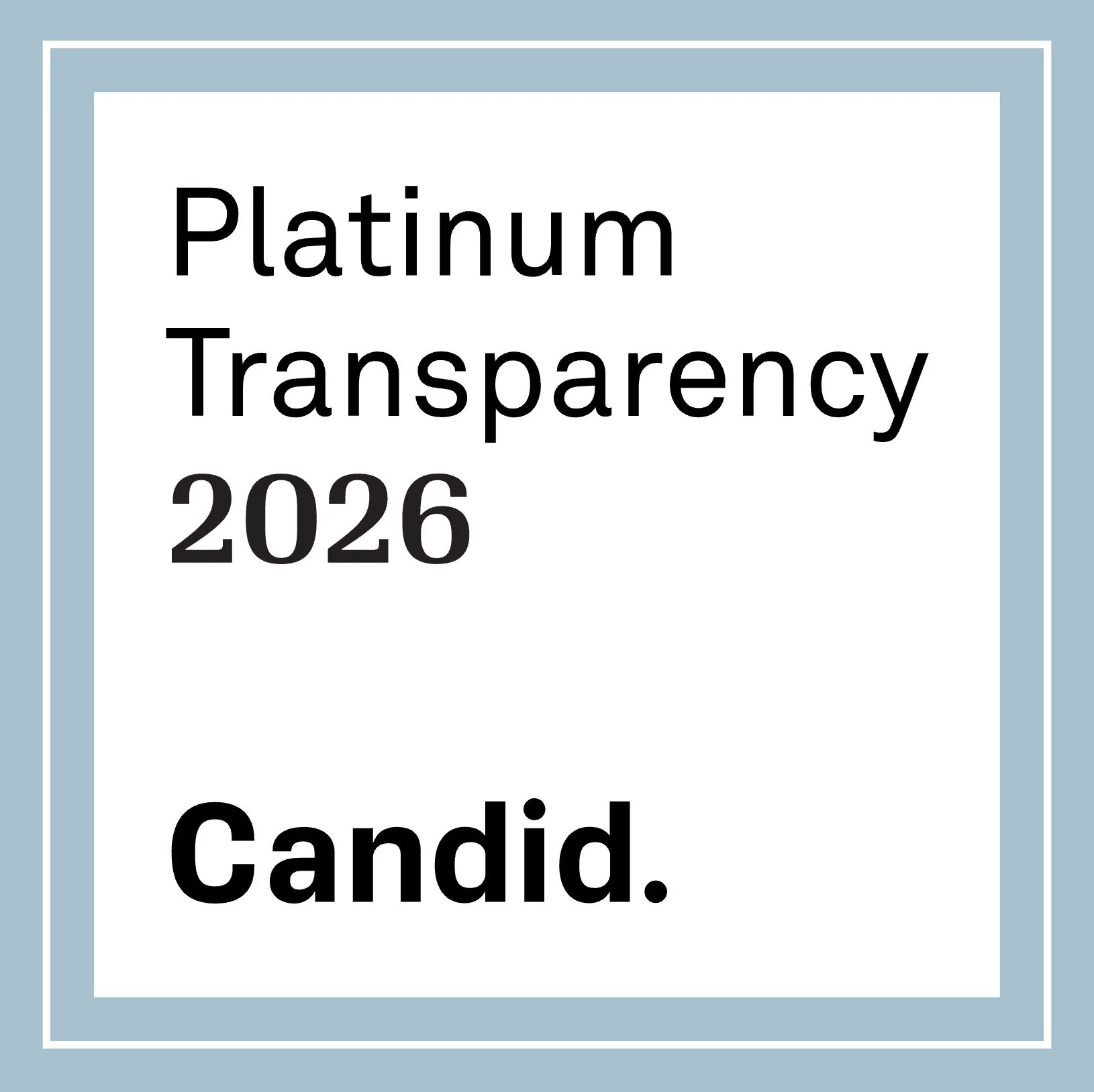 A digital badge that reads 'Platinum Transparency 2026 Candid' with a light blue border and white background.
