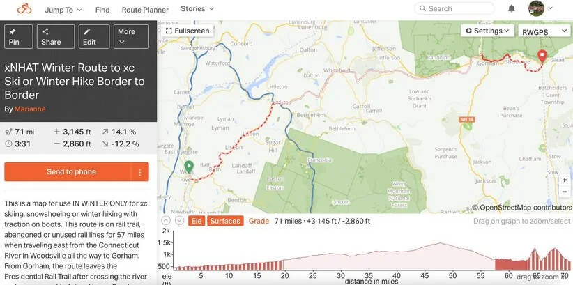 Map of an xNhat Winter Route for cross-country skiing or winter hiking from G-Ohio to G-Connecticut River, showing trail details, elevation changes, and terrain.