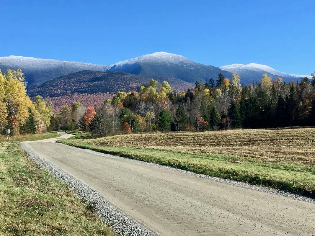 Dirt road winding through a rural landscape with trees and fall foliage leading towards mountains with snow-capped peaks under a clear blue sky.
