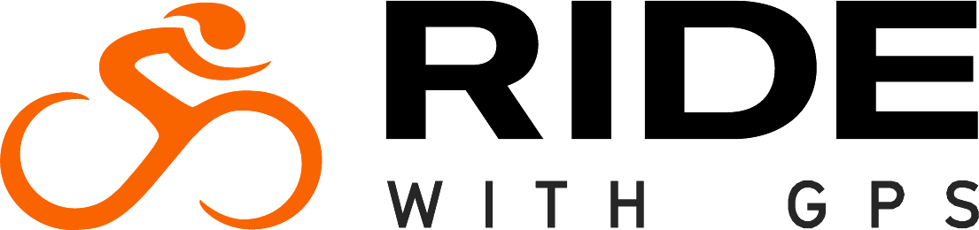 Stylized orange bicycle icon next to the text 'RIDE WITH GPS' in black and gray.