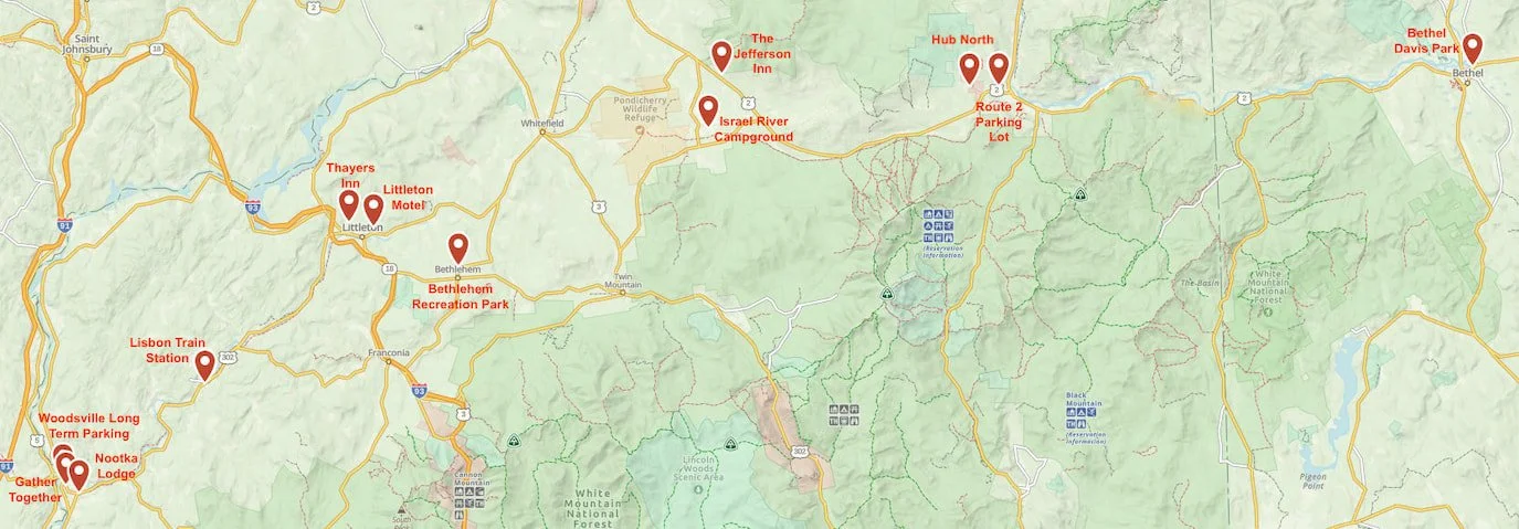 Map showing locations around Bethlehem, Pennsylvania, including Bethlehem Inn, Littleton Motel, Thayers Inn, Lisbon Train Station, Gather Together, Nookta Lodge, Woodsville Long Term Parking, Israel River Campground, The Jefferson Inn, Hub North, Route 2 Parking Lot, and Bethel Davis Park.