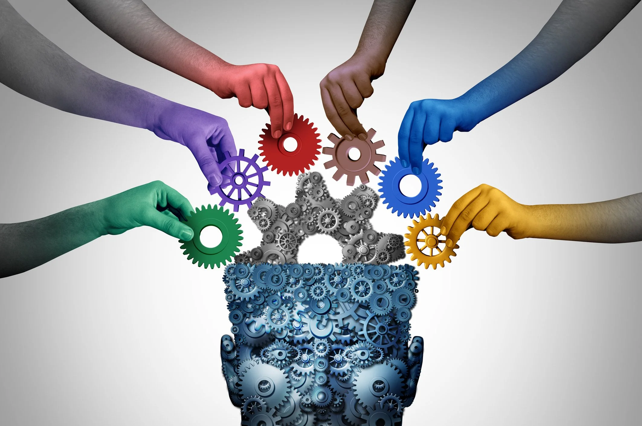An illustration of diverse hands placing colourful gears into a head made of mechanical parts. Text: Helping organisations become more neuro-inclusive.