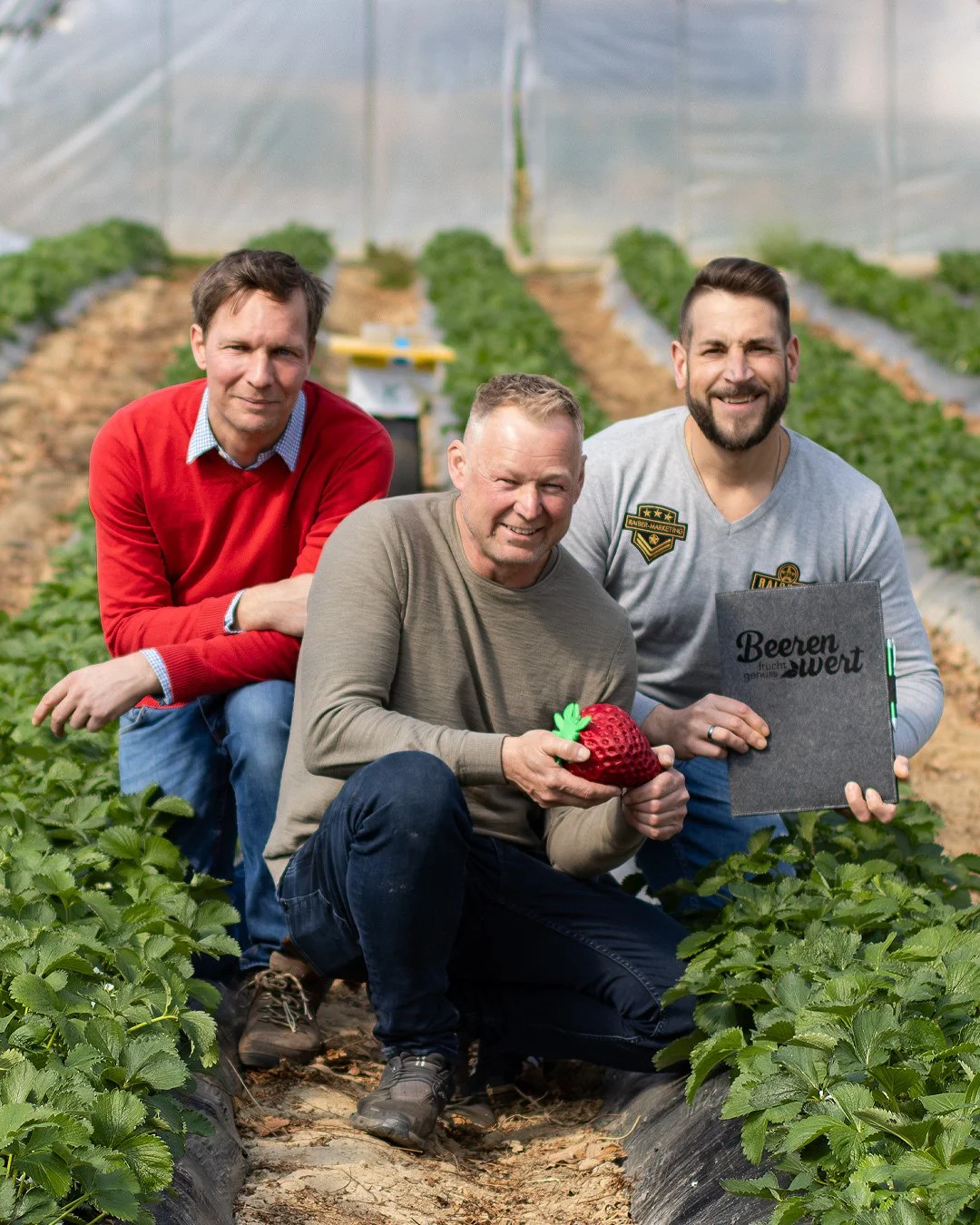Das Beerenwert Team im Folientunnel mit blühenden Erdbeerpflanzen
