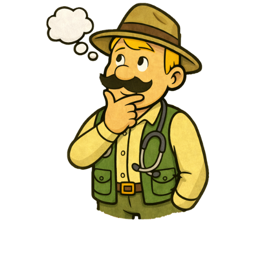 Karikatūra, kurā attēlots meža dakteris, ar cepuri, zaļu vesti un stetoskopu, šķietami domājot.