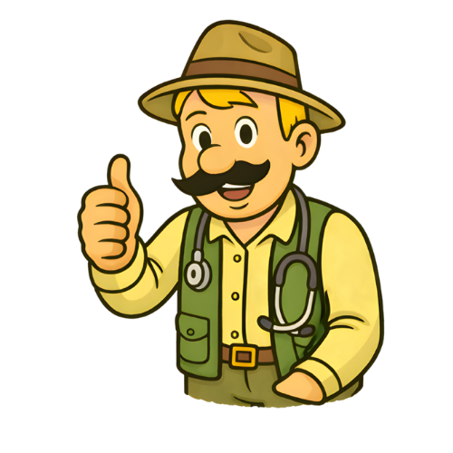 Karikatūra, kurā attēlots vīrietis ar ūsām, safari cepurē, dzeltenā krekla, zaļā veste un stetoskopu ap kaklu, rādot īkšķi uz augšu.