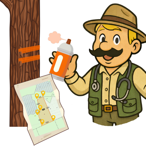 Karikatūra, kurā meža dakteris uz koka ar pūšamo krāsu velk līnijas, priekšā viņam ir karte.