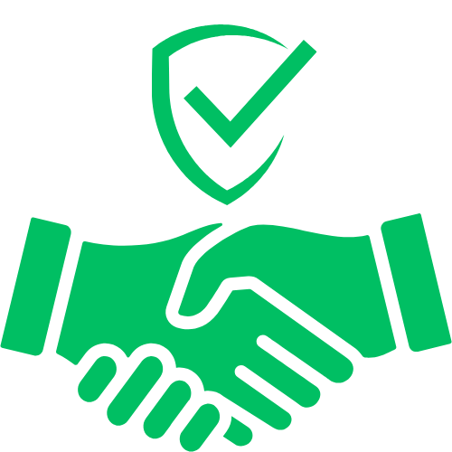 Zaļa ikona ar roku spiedienu, virs kuras ir vairogs, simbolizējot uzticību veicot darījumus.