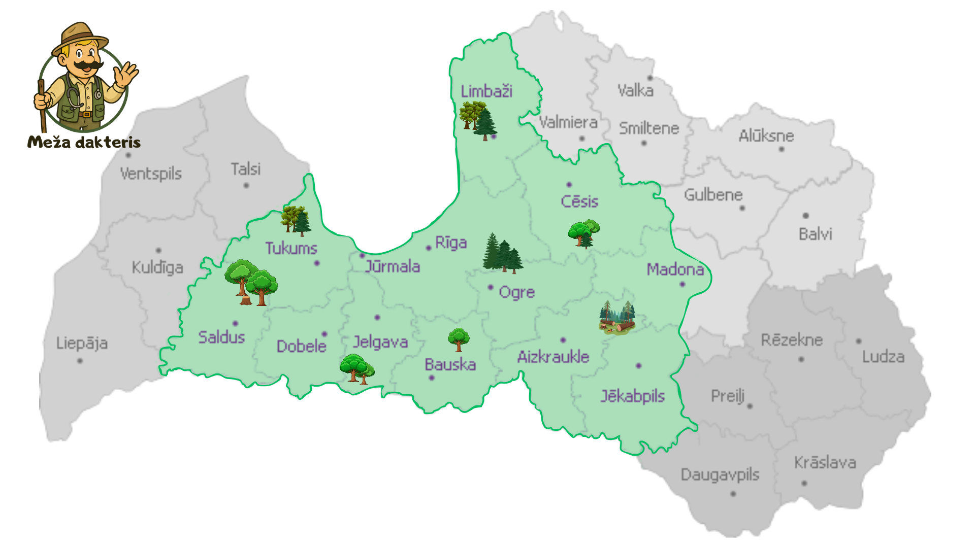 Latvijas karte, kurā zaļā krāsā ir atzīmētas Viduslatvijas teritorijas kurās tiek sniegti pakalpojumi. Teritorijā ir attēloti arī koki. Fona kartē pelēkā krāsā ir attēloti pārējie Latvijas reģioni, kā arī dažas pilsētas.