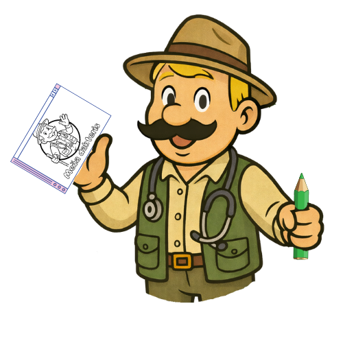 Karikatūra, kurā attēlots vīrietis ar ūsām un brūnu cepuri, kurš vienā rokā tur nelielu grāmatiņu, bet otrā – zaļu krītiņu.