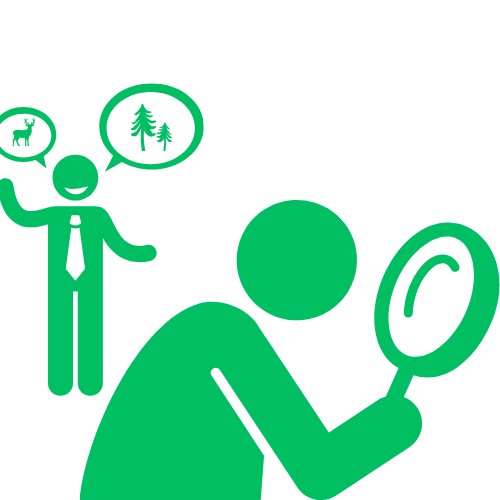 Vienkārša zaļa ikona, kurā attēlota persona, kas tur spoguli, ar domuburbuļiem, kuros redzams lācis un mežs. Meža dakteris uzklausa visas īpašnieku vēlmes.